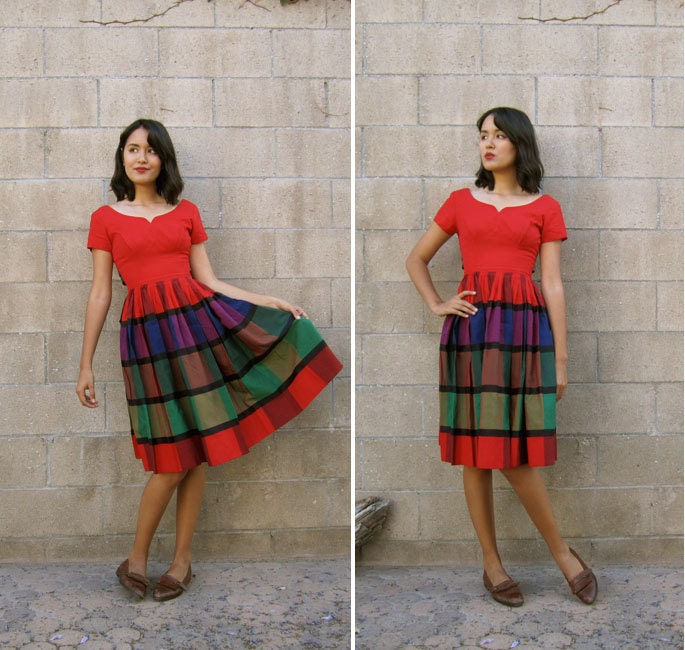 1950s dress/ sweetheart bust dress/ vintage 50s red dress S