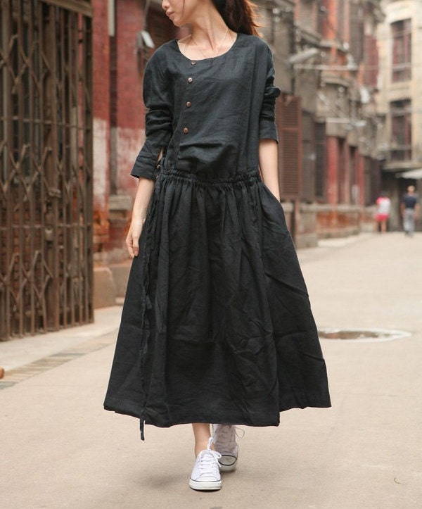 Linen Dress Gown in Black / Custom Long Bridesmaid Dress - Made to order - camelliatune
