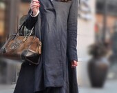 Ruffle Coat Jacket in Black /  Trench coat Long Coat jacket Linen Coat Women Designer Coat Swing Coat Winter Coat- Custom Made/plus size