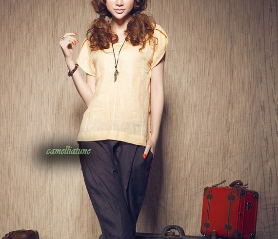 Linen Tunic Shirt with petal sleeves / Pleated Tshirt Vest (Custom Made)