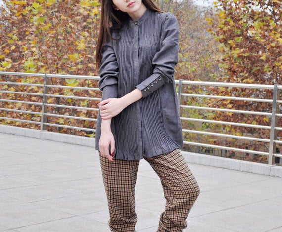 Pleated Linen Shirt Top in Grey / Formal Shirt Dress - Custom Made