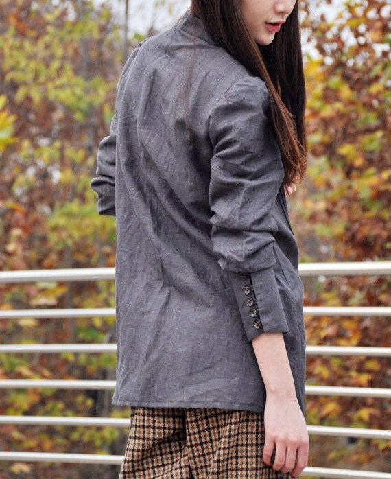 Pleated Linen Shirt Top in Grey / Formal Shirt Dress - Custom Made