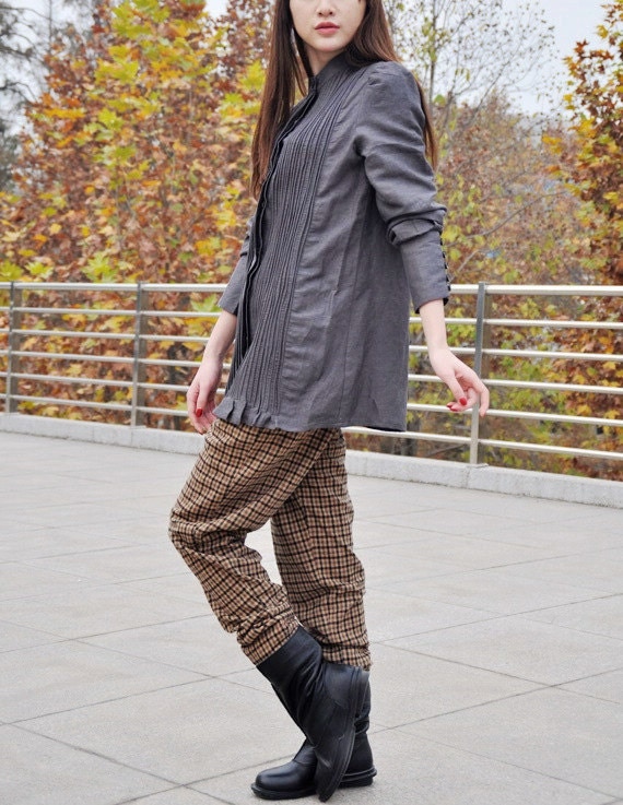 Pleated Linen Shirt Top in Grey / Formal Shirt Dress - Custom Made