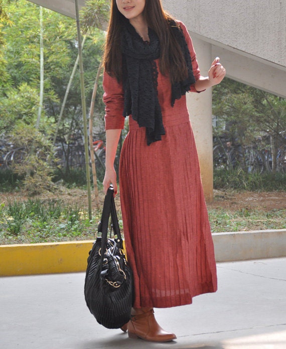 Pleated Linen Long Dress Gown - Custom Made