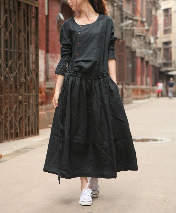 Linen Dress Gown in Black / Custom Long Bridesmaid Dress - Made to order