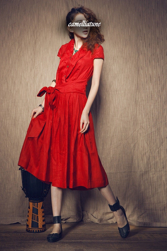 Linen Dress Gown - Red Cocktail Dress  (Custom Made)
