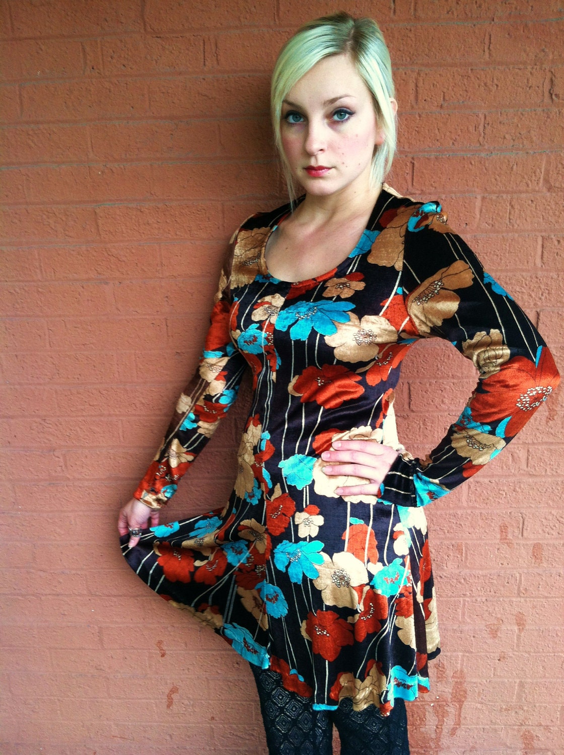 VELVET FLORAL MINI Dress // 70's Babydoll Dress