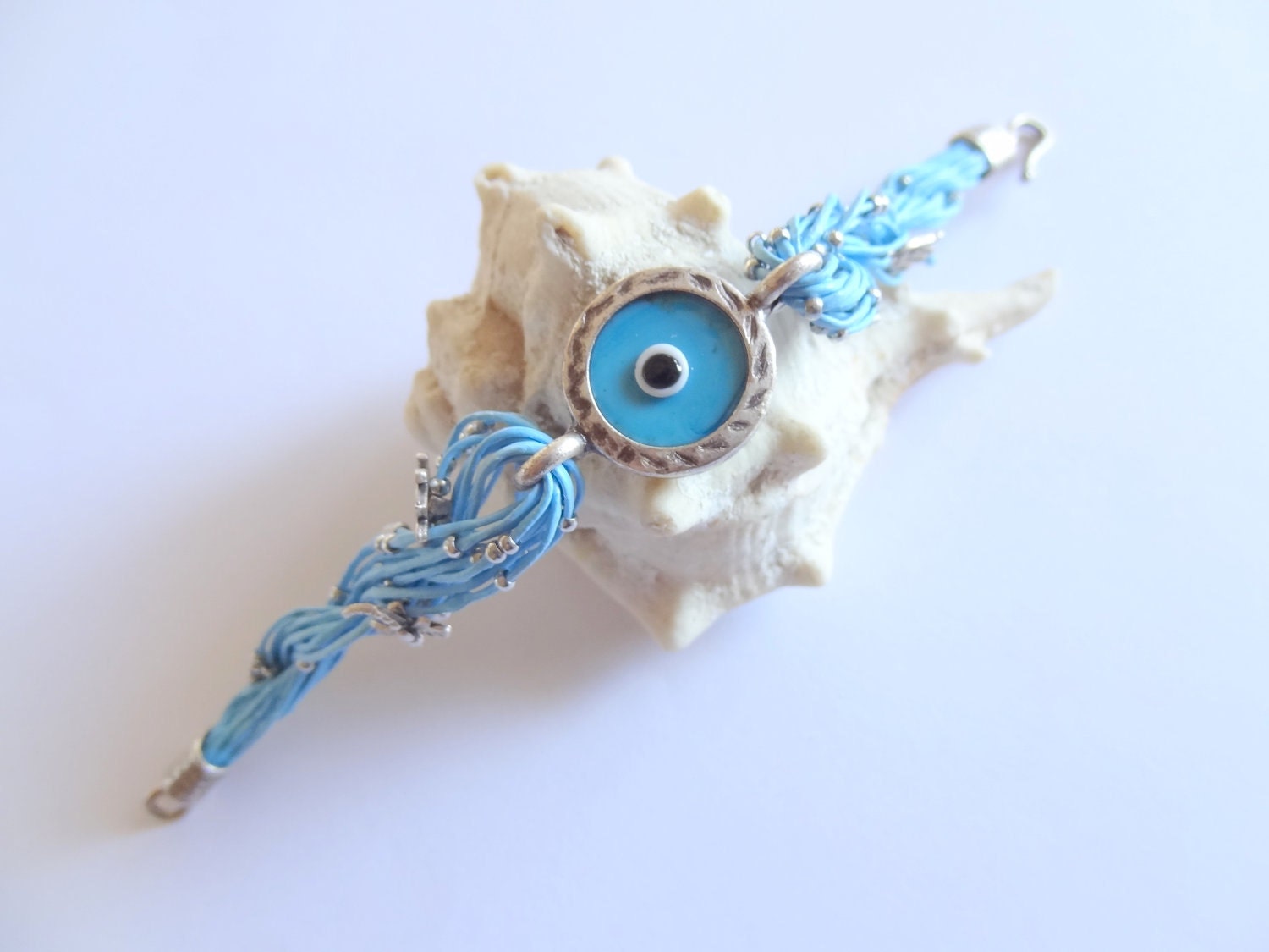 Silver-plated blue luck eye beads, leather rope bracelet - sevinchjewelry Silver-plated blue luck eye beads, leather rope bracelet - sevinchjewelry