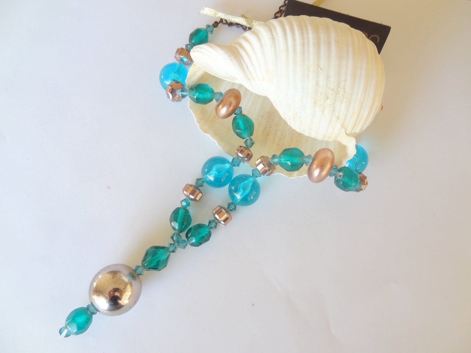 Turquoise blue, emerald green beads. Swarovski crystal necklace