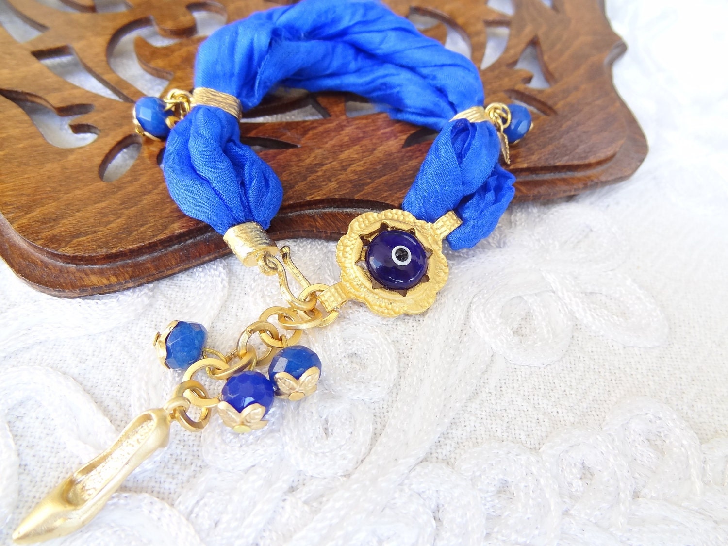 Reserve Turkish Silk Night Blue Bracelet -Luck Eye Bead Bracelet-Gold Bracelet
