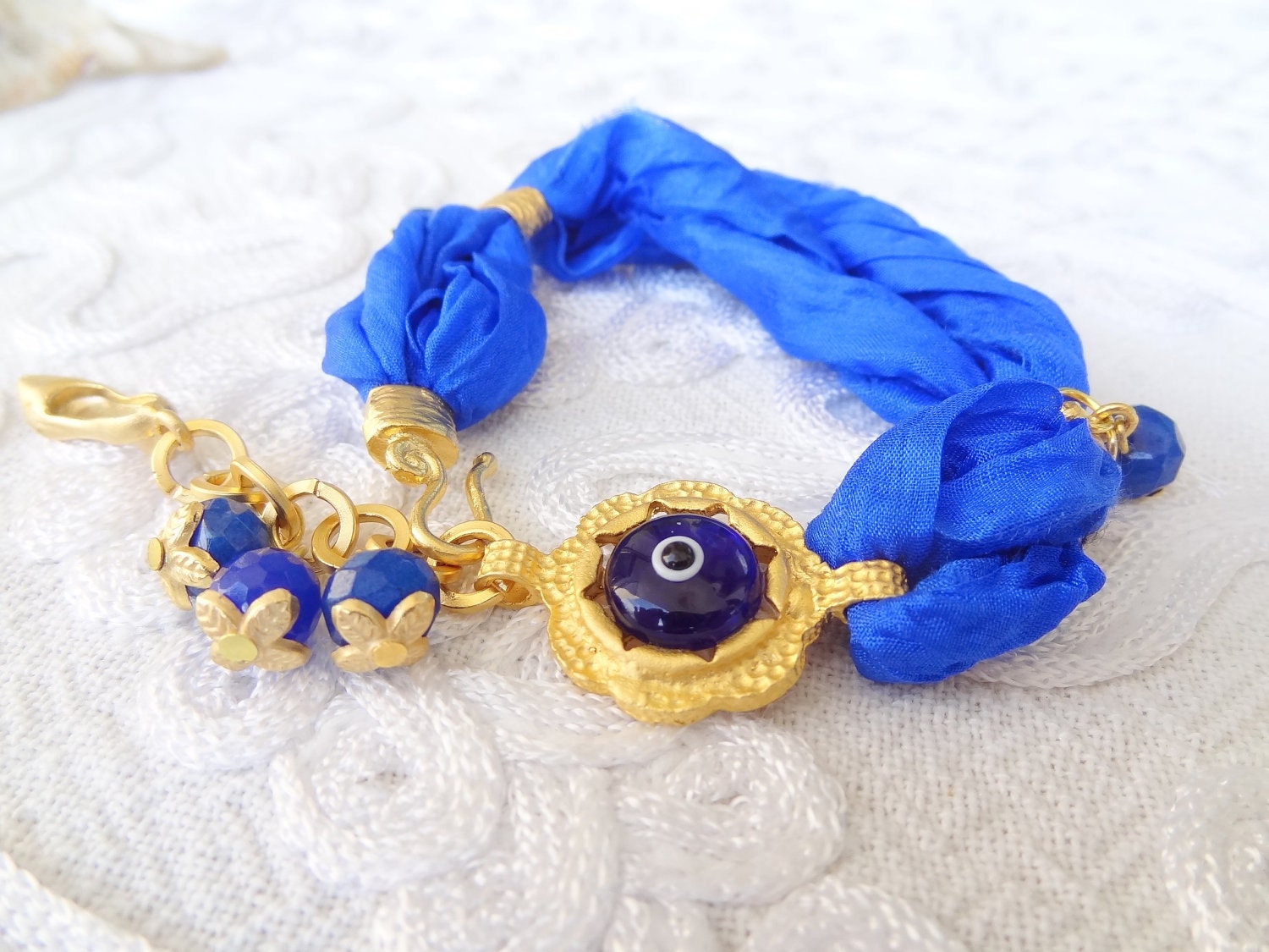 Reserve Turkish Silk Night Blue Bracelet -Luck Eye Bead Bracelet-Gold Bracelet