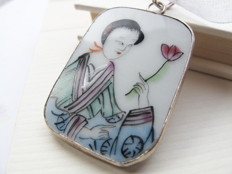 Geisha chinese chard pottery pendant. Organza necklace. Lotus flower. Meditation. Serenity