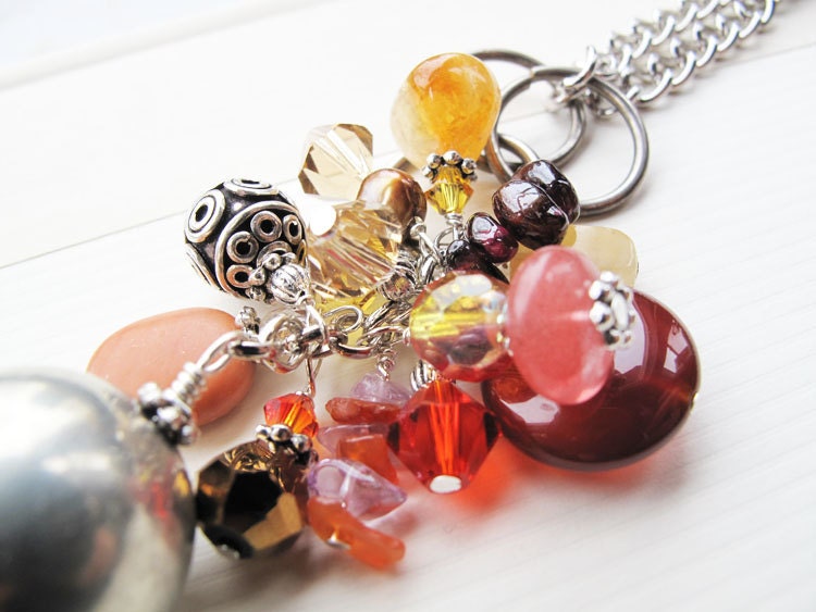 Tassel charm necklace - amber carnelian - swarovski crystals - natural gemstones - silver chain - warm colors - chocolate