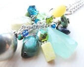 Blue tassel charm pendant necklace with Swarovski crystals & gemstones. Chalcedony. Turquoise.
