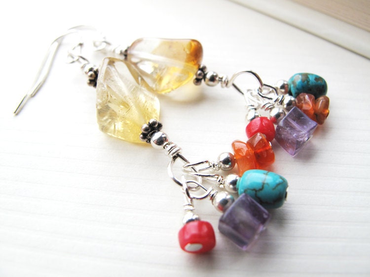 Colorful long dangle earrings. Citrine. November birthstone. Cluster natural gemstones. Multicolor carnival rainbow.