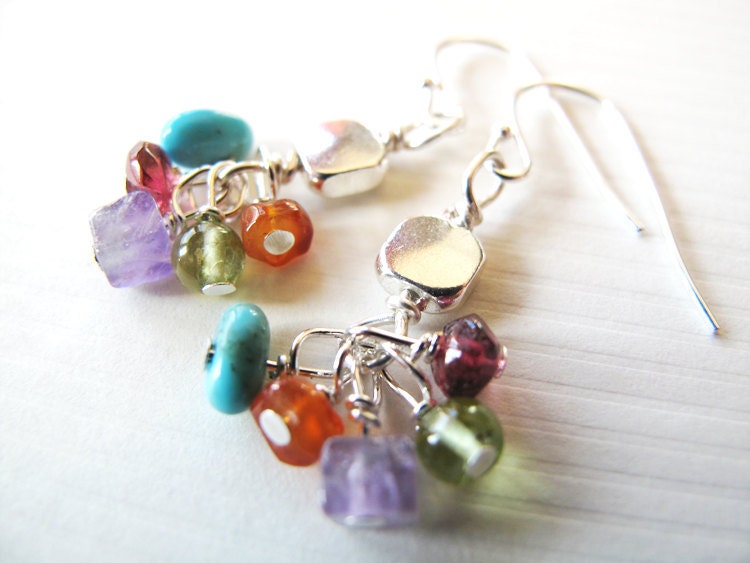 Multicolor gemstone cluster earrings - wire wrapped - dangle earrings - square metal beads