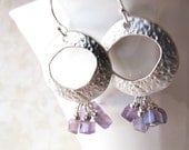 Lilac cluster earrings. Matte silver hammered discs. Natural amethyst gemstone. February birthstone. Free shipping