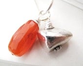 Tropical punch modern minimalist necklace. Carnelian & silver nugget. Silver snake chain.