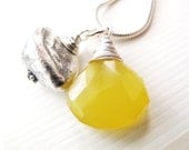 Yellow wire wrapped drop necklace. Lemon chalcedony. Silver snake chain. Tropical punch. Silver nugget.