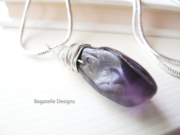 Purple amethyst wire wrapped necklace. Natural wonder. Modern. Minimalist. Silver snake chain. Made in Colorado