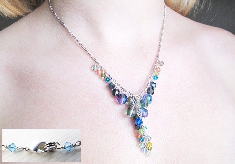 Ocean blue cluster necklace. Swarovski crystals. Bohemian glass. Aquamarine. Nautical look.