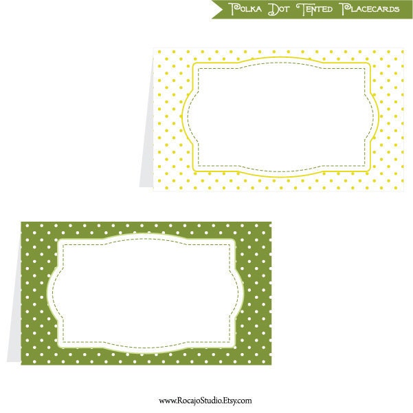 Printable Tented Placecards or Food Labels - Polka Dot - Green/Curry - BLANK - INSTANT Download