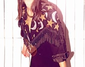 Black Beaded Fringed Jacket with Sequined Moons and Stars