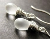STERLING SILVER Wire Wrapped Earrings - Iridescent White Frosted Drop Earrings. Handmade Jewelry.