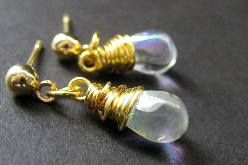 Gold Stud Earrings : Wire Wrapped Clear Iridescent Teardrop Post Earrings. Handmade Jewelry.