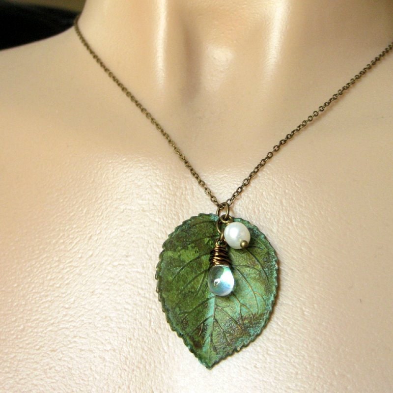 SUMMER SALE - Leaf Necklace Charm Necklace in Green with Wire Wrapped Teardrop and Fresh Water Pearl. Handmade Jewelry.