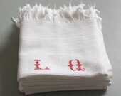 set of 5 vintage towels, in pure waffle cotton, red hand embroidered, monogram LQ