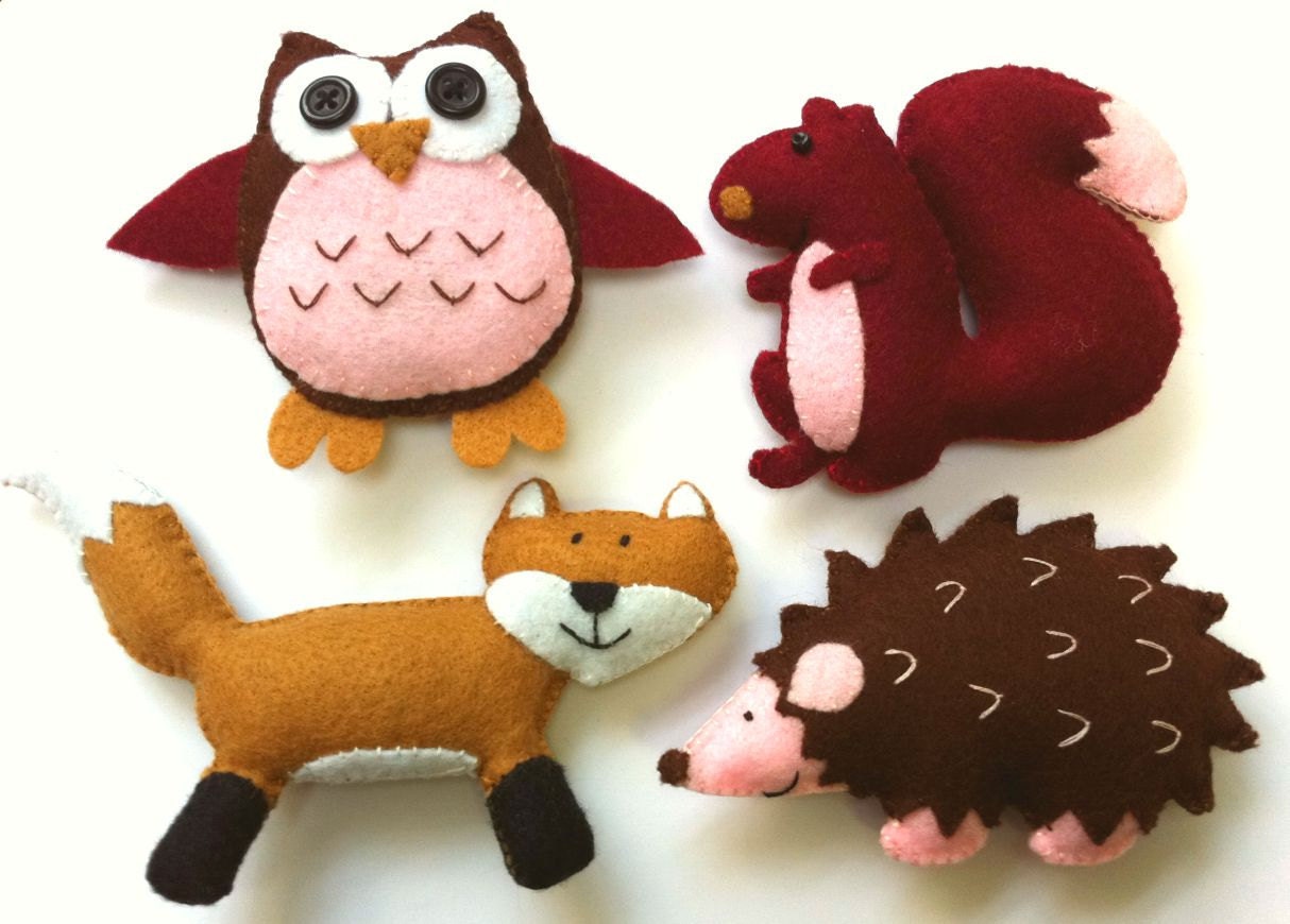 Felt Plushie Woodland Collection Handsewing Pattern PDF. INSTANT instructions to make owl, hedgehog, squirrel and fox plushies.