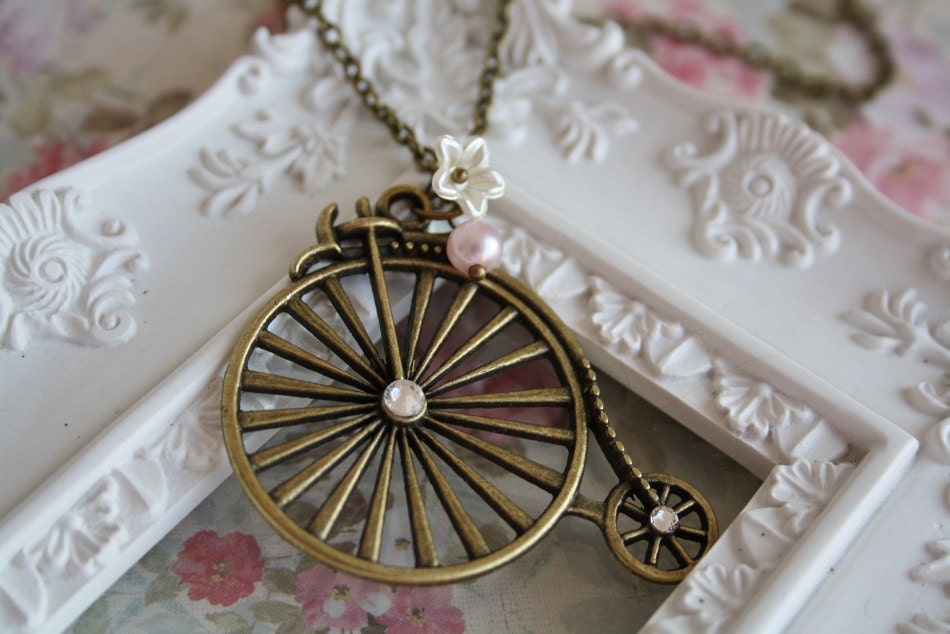 Cycle crystal necklace, vintage bronze charm pearl flower pendant, antique jewellery