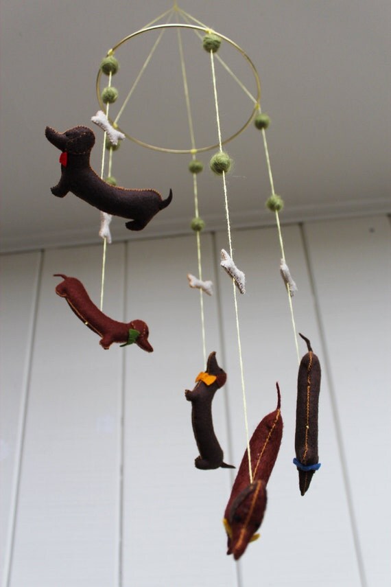 Dressed Up Dachshund Mobile - hand sewn felt stuffed dogs with bow ties, decorative hanging mobile