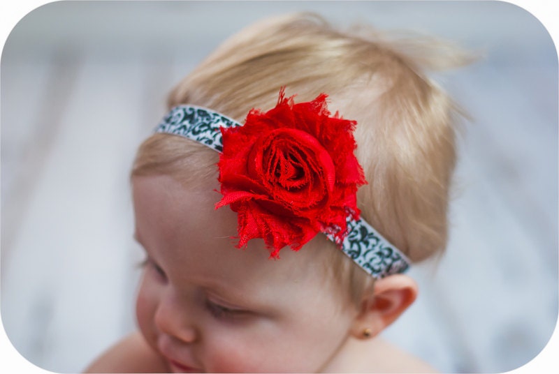 Shabby Chic Headband... Black Damask Headband... Newborn Headband... Girls Headbands... Red... Damask