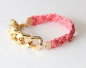 ON SALE: Gold Extra chunky chain with Pink leather braid Bracelet - 24k gold plated