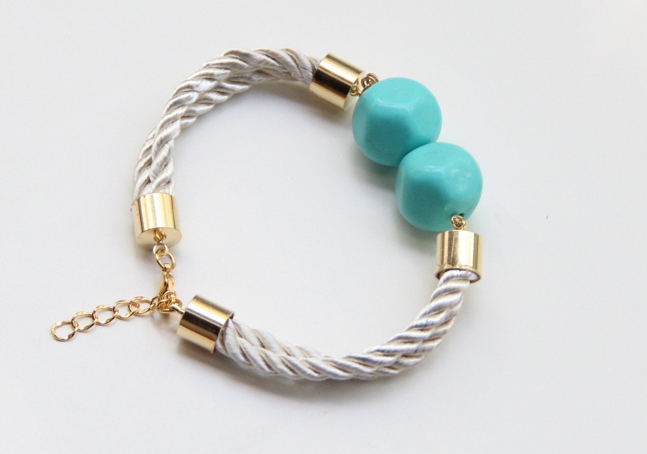 ON SALE: Gold White Silk cord Bracelet with 2 Teal Turquoise vintage beads - 24k gold plated