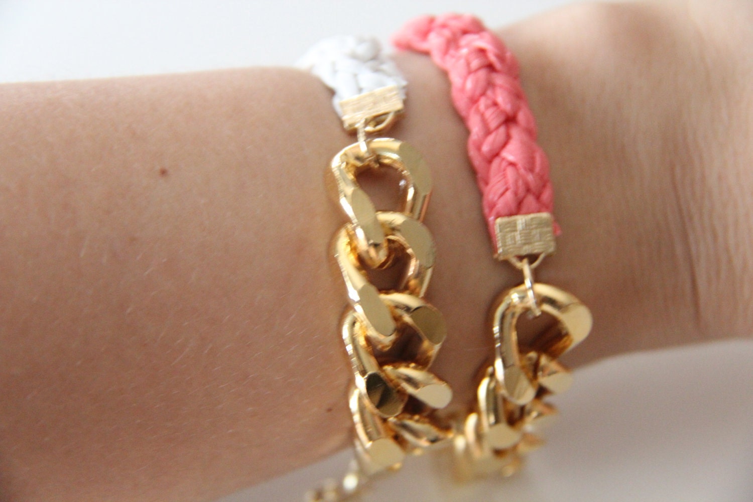Set of 2: Gold Extra chunky chain with Pink leather braid Bracelet - 24k gold plated