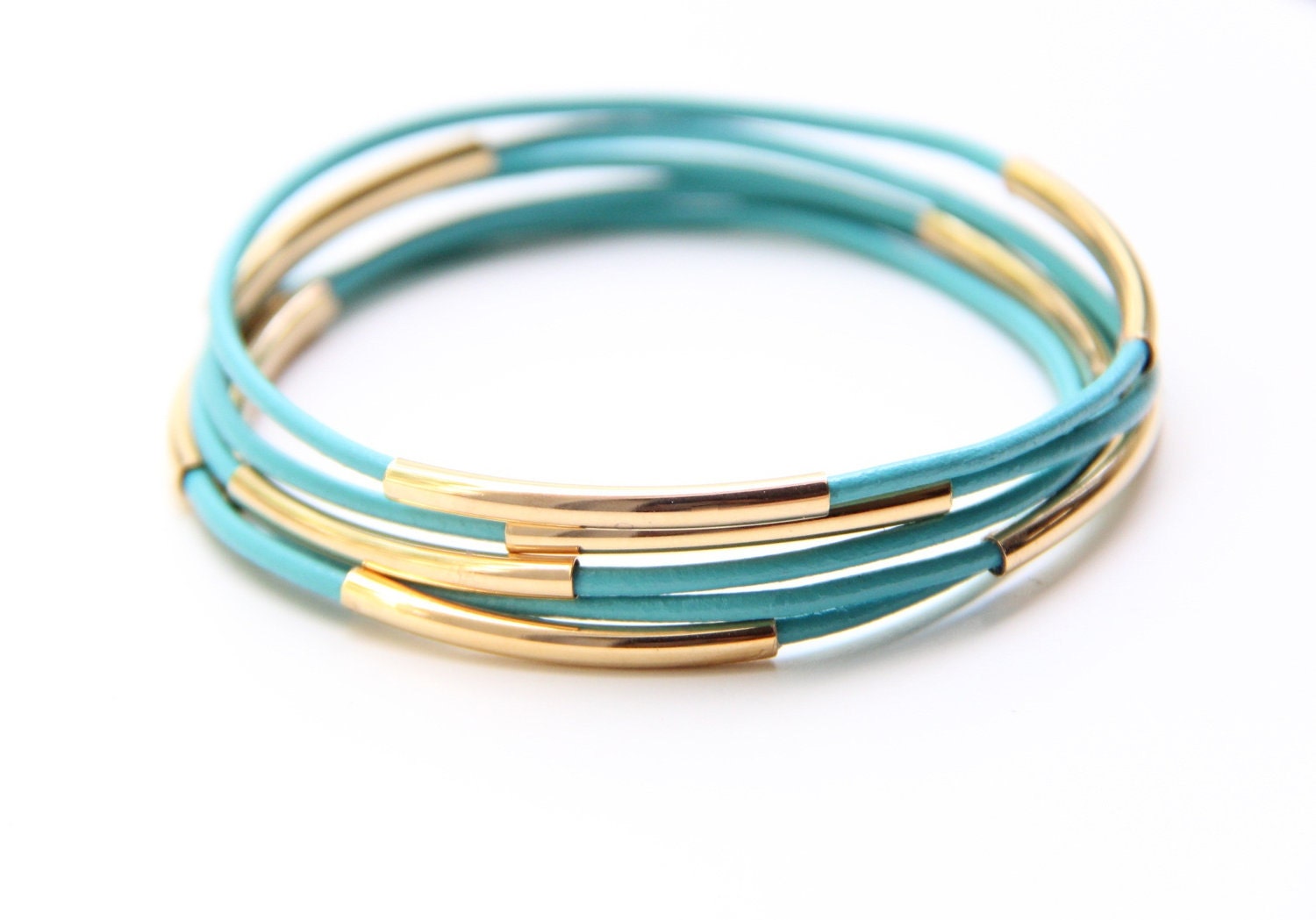 Set of 5 Mint leather Bangle Bracelets with gold bars - 24k gold plated
