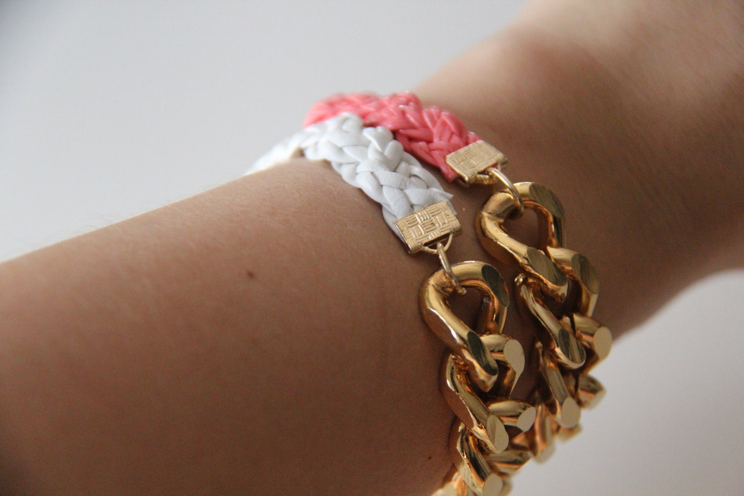 Set of 2: Gold Extra chunky chain with Pink leather braid Bracelet - 24k gold plated