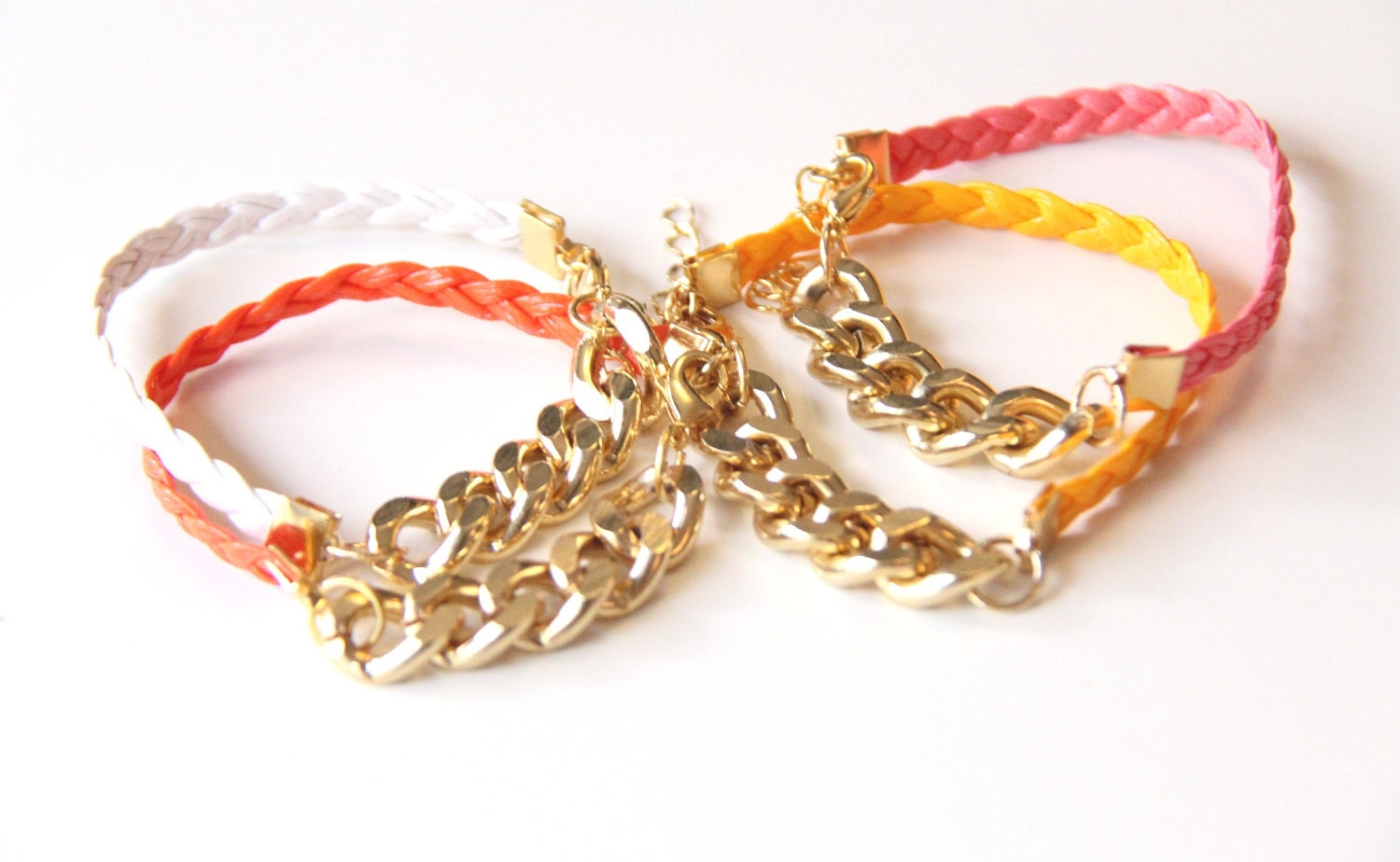 ON SALE: Arm Candy - Set of 2 - Gold chunky chain with leather braid Bracelet - 24k gold plated