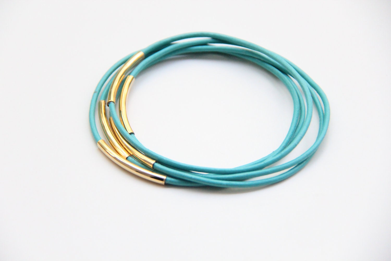 Set of Five Turquoise leather Bracelets - 24k mate gold plated