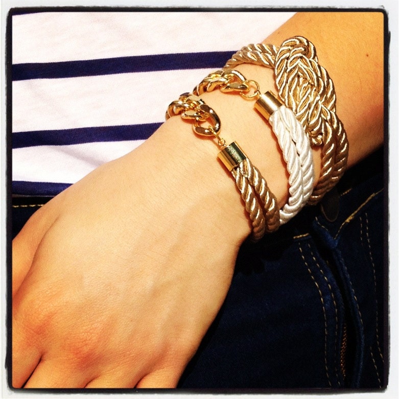Bridesmaids gifts Set of 4 - Beige silk cord Knot Bracelet  - 24k gold plated