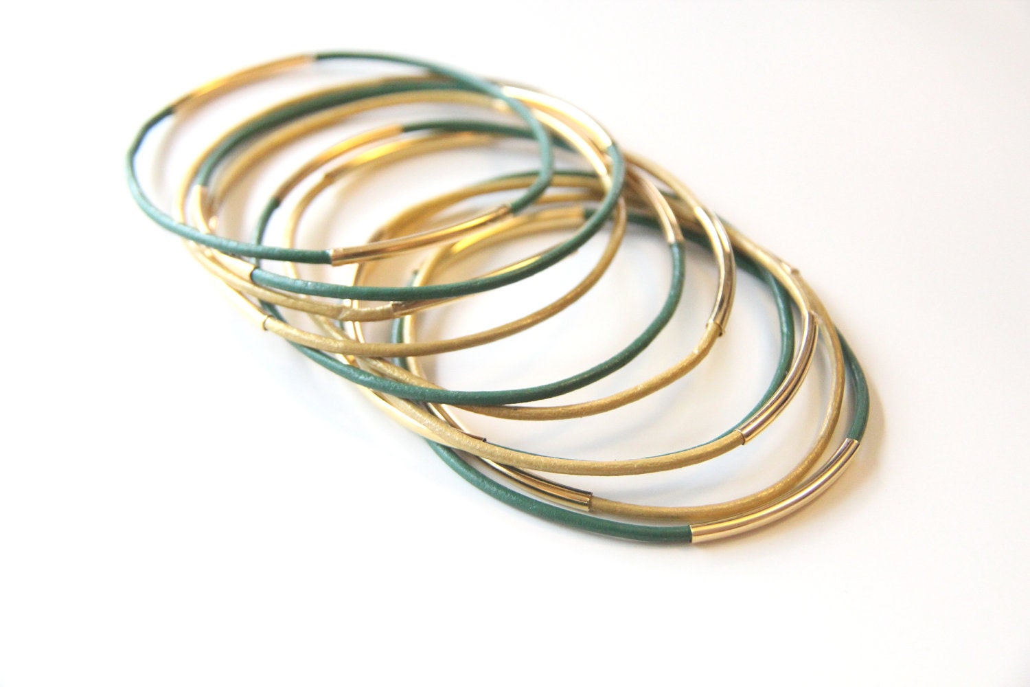 Set of 10 Green and Gold leather Bangle Bracelets with gold bars - 24k gold plated