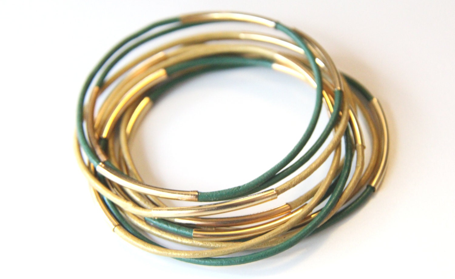Set of 10 Green and Gold leather Bangle Bracelets with gold bars - 24k gold plated