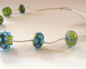 Handmade Lampwork Bead Necklace on Silver Chain - Yellow, Green, Turquoise