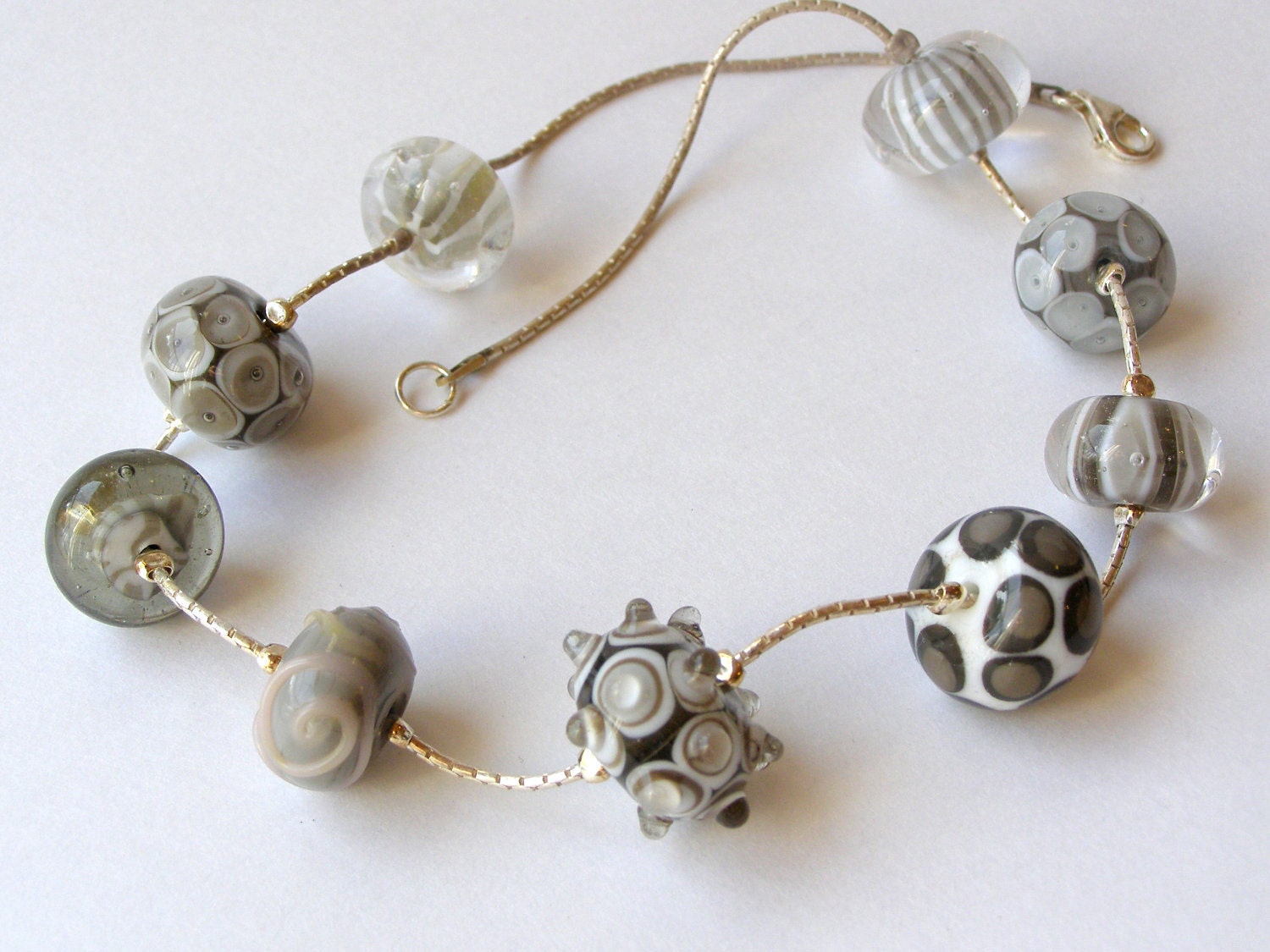 Handmade Lampwork Bead Necklace on Silver Chain - grey and white