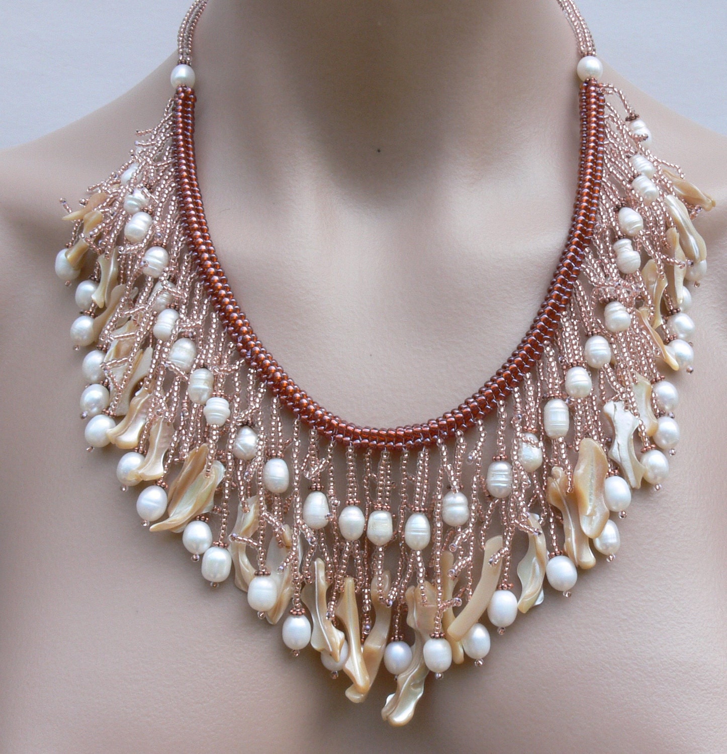 Seed beads necklace, pearl fringe necklace, pearl necklace, freshwater pearl necklace, pearl and natural mother of pearl frangia