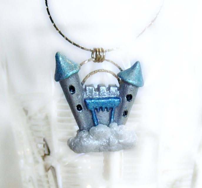 Sky castle polymer clay necklace, blue castle on a cloud, disney, fairytale, fantasy jewelry