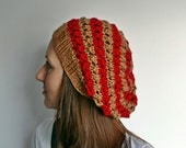 knit slouch beanie hat red with golden brown stripes